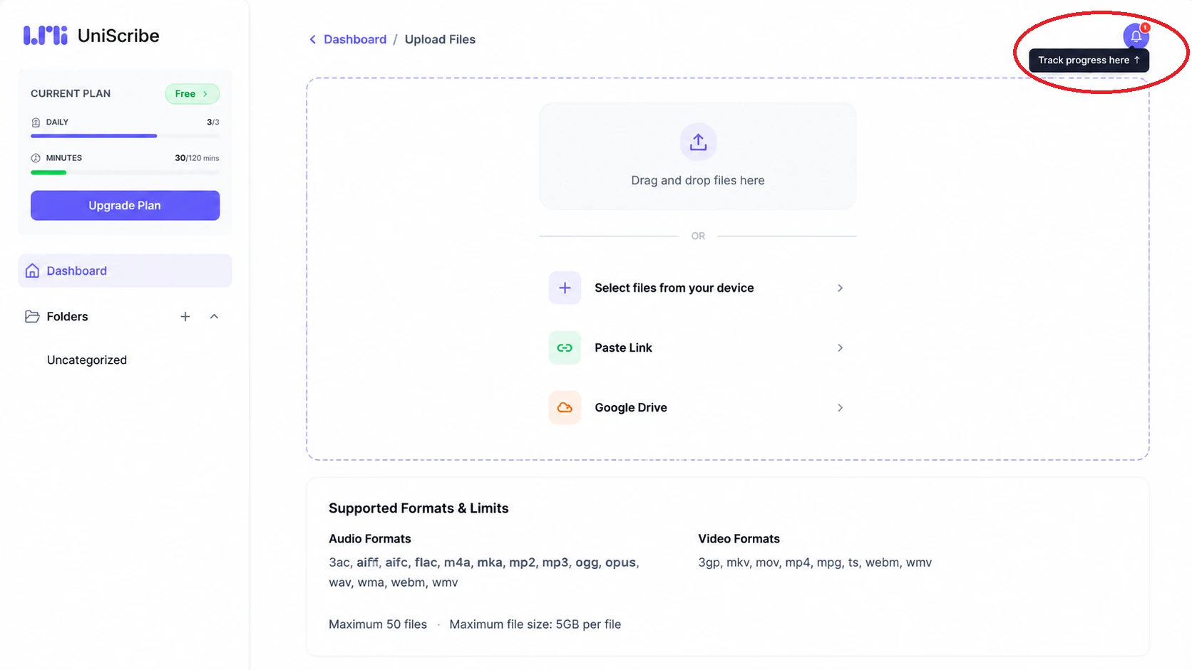 UniScribe File Upload and Background Processing Page