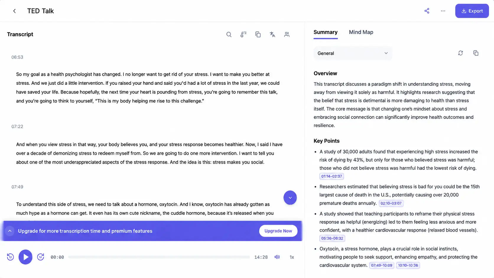 UniScribe Video to Text Results Page