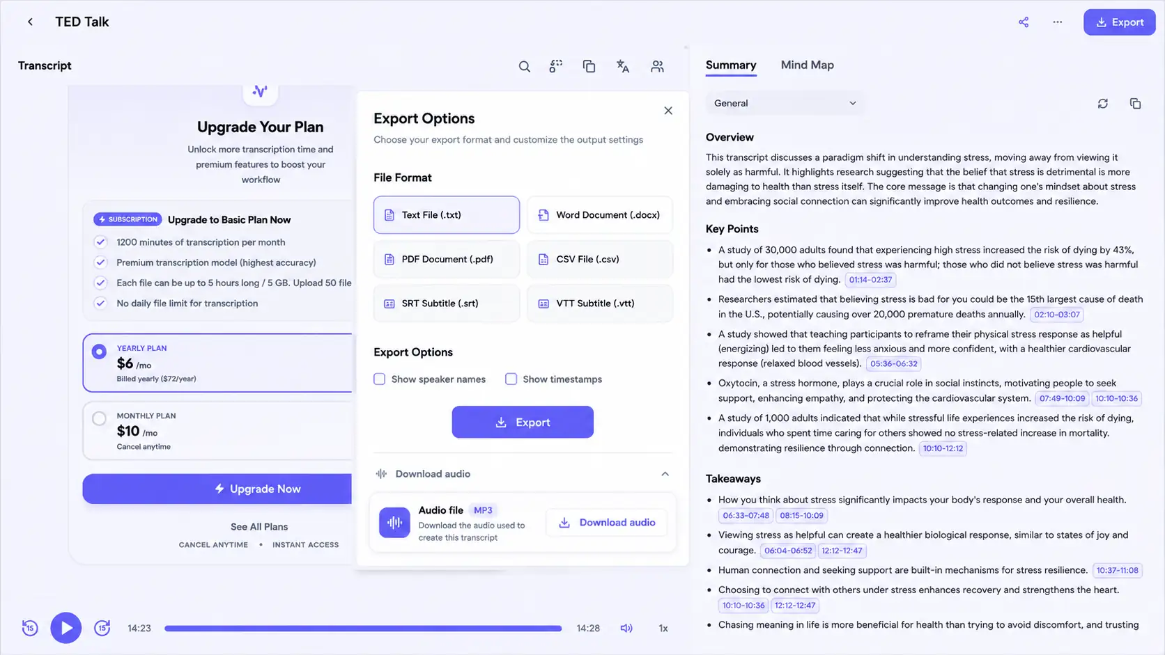 UniScribe Transcript Export Options