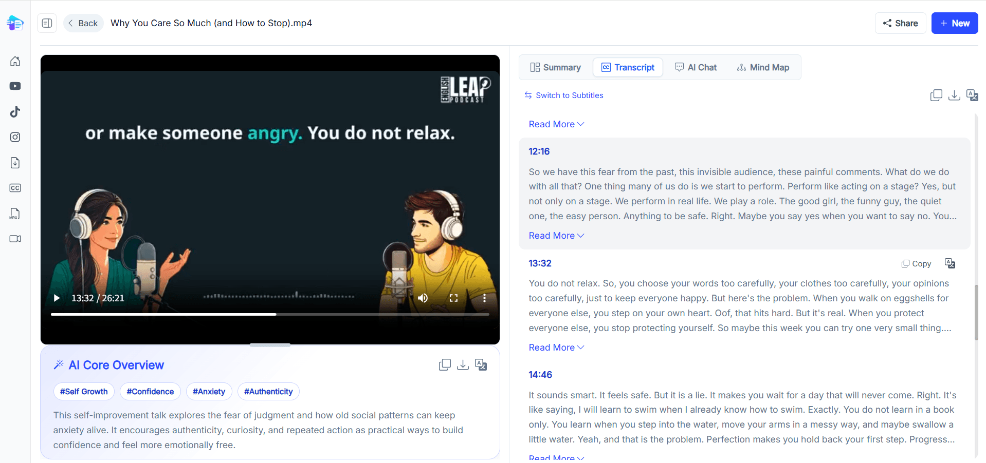 Video Transcription AI Workspace Page
